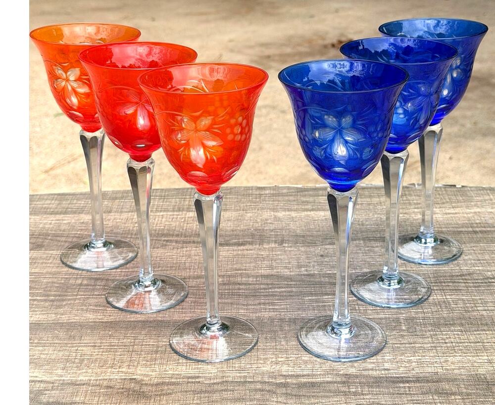 Orange Flash Cobalt Blue Cut-to-Clear Grapevine Vintage Wine Hocks-Set of 6